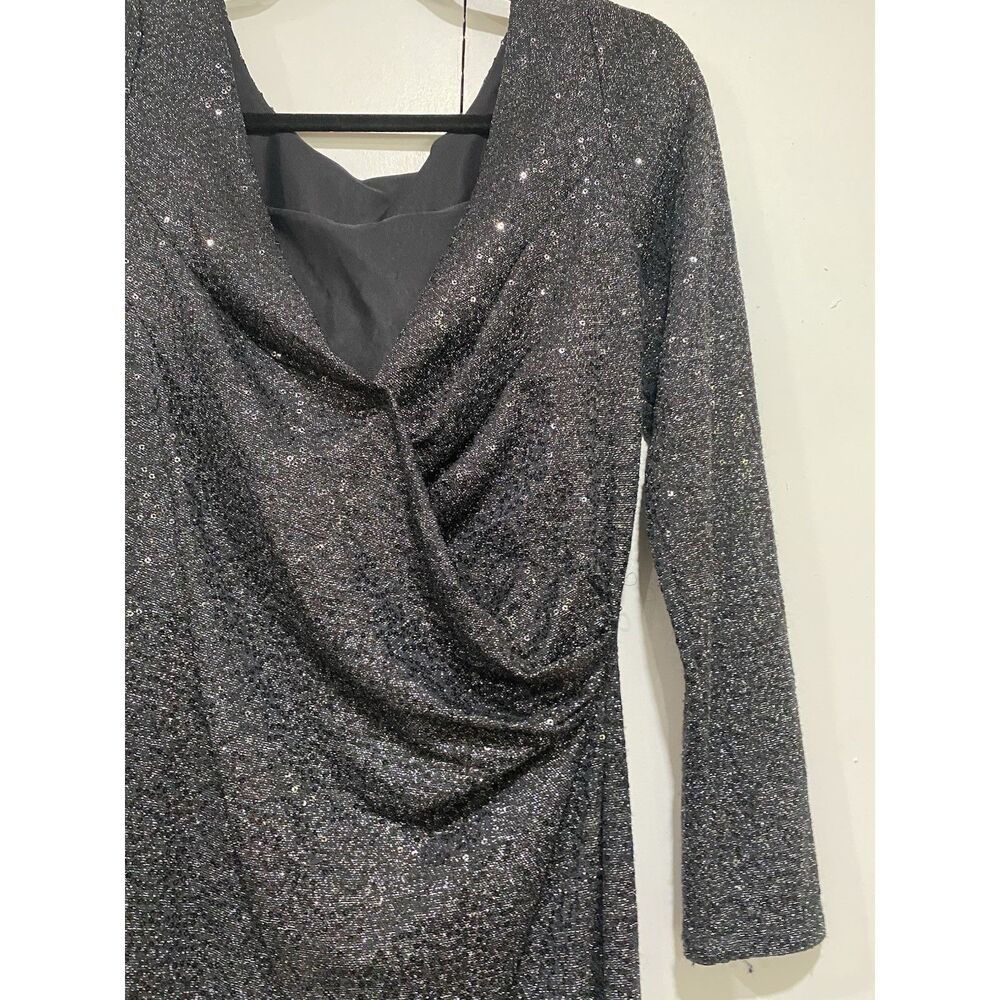 Carmen Marc Valvo Dress Sz 8 Black Silver Beaded Neck Sequin Cocktail Midi - Picture 8 of 12